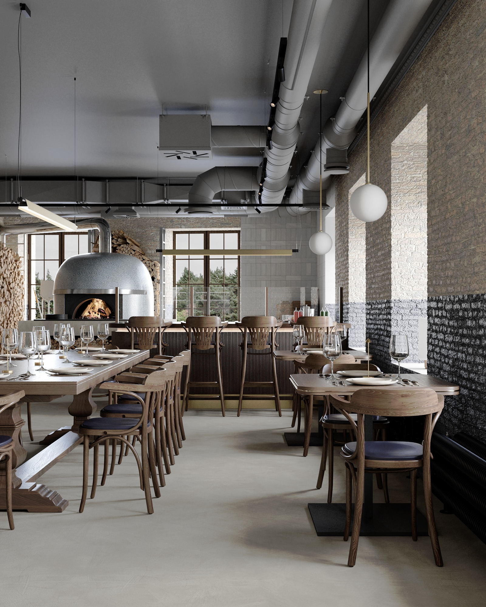Wnętrze restauracji z piecem do pizzy, drewnianymi stołami i krzesłami, surowymi ścianami z cegły i widoczną instalacją wentylacyjną.