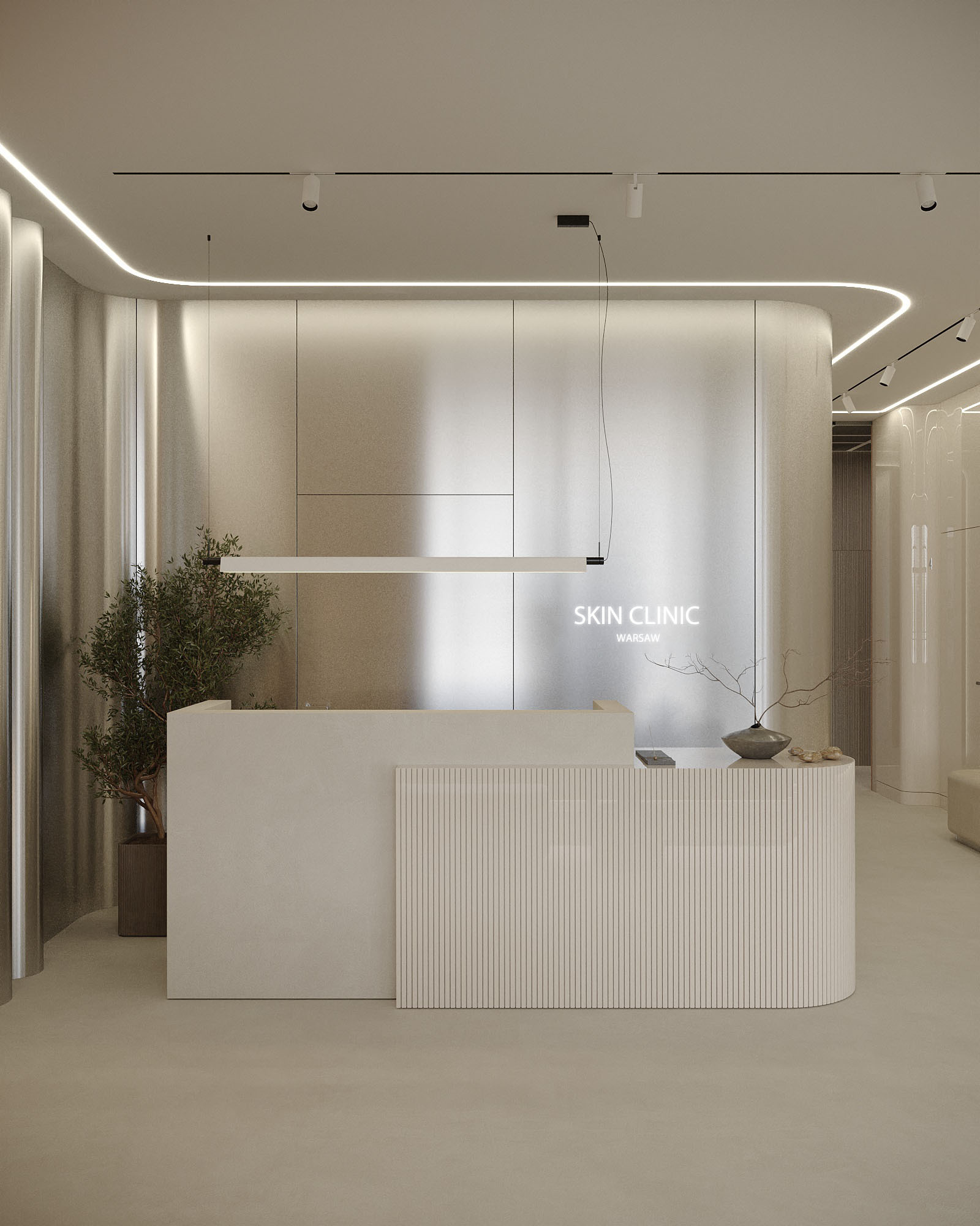 Nowoczesna recepcja w klinice medycyny estetycznej w Warszawie, z beżowym blatem z pionowymi żłobieniami, oświetleniem LED i minimalistycznym wystrojem, uzupełniona o dekoracyjne rośliny.