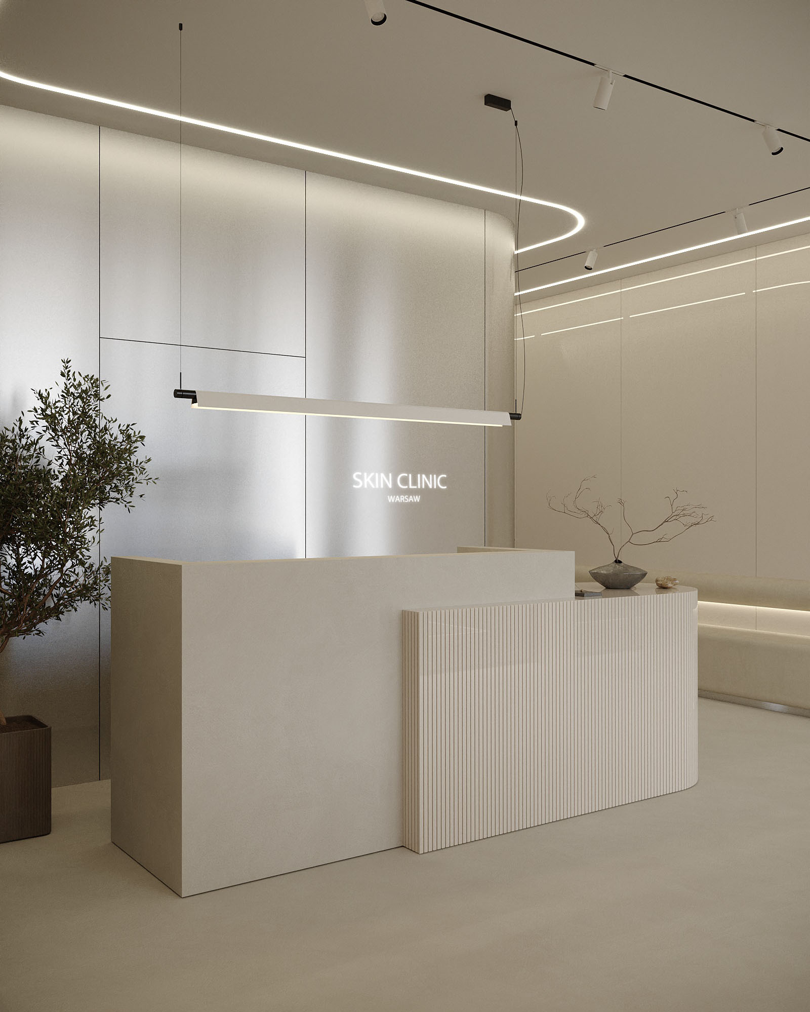 Nowoczesne wnętrze kliniki medycyny estetycznej z recepcją o minimalistycznym designie, podświetlanymi panelami ściennymi i dekoracyjną roślinnością.
