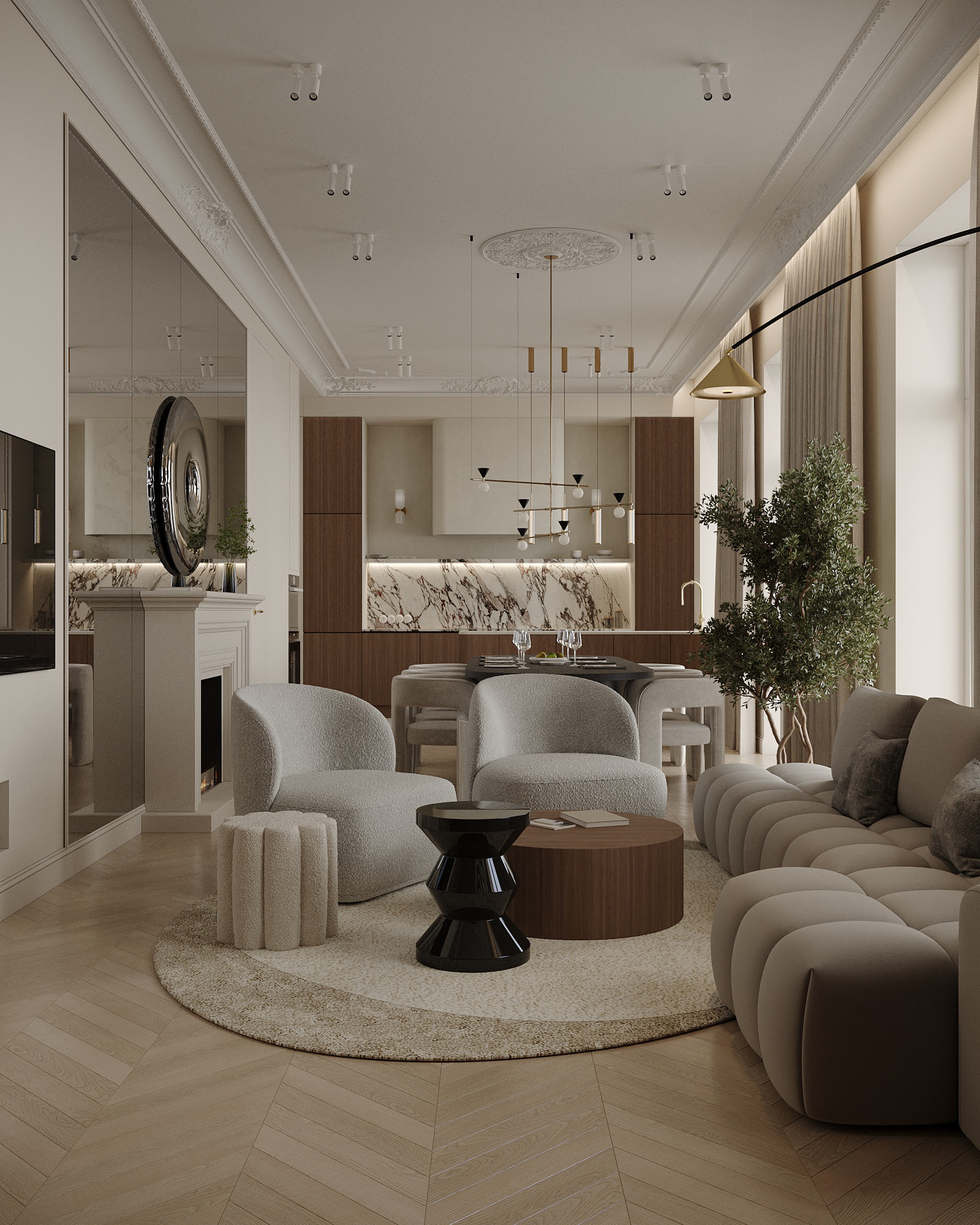 Eleganckie wnętrze mieszkania z otwartą kuchnią, jasnymi meblami tapicerowanymi, okrągłym dywanem i dekoracyjnym oświetleniem, widok na marmurowy blat i backsplash w kuchni