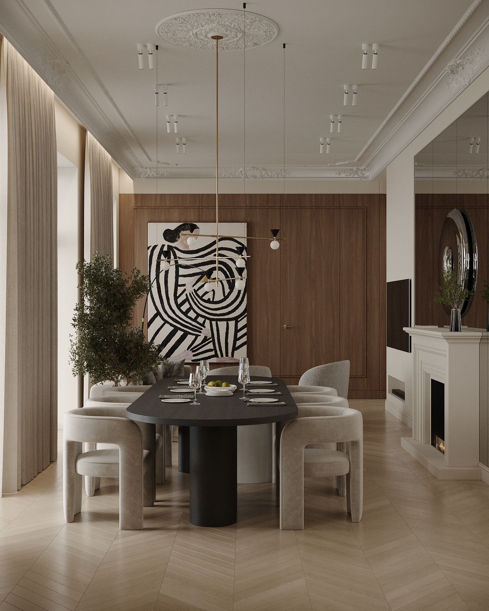 Elegancka jadalnia z ciemnym, owalnym stołem otoczonym beżowymi krzesłami o zaokrąglonych kształtach, z dekoracyjnym obrazem w tle i kominkiem po prawej stronie, oświetlona wiszącą lampą...