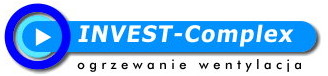 Niebiesko-białe logo firmy INVEST-Complex z symbolem odtwarzania, specjalizującej się w ogrzewaniu i wentylacji.