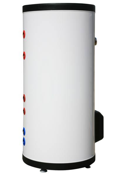 Biały, cylindryczny zbiornik akumulacyjny z czarnymi wykończeniami i czerwono-niebieskimi portami przyłączeniowymi, widziany na białym tle.