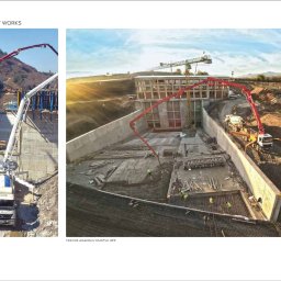 Helka Poland Sp. z o.o. - Betonowanie fundamentów zapory wodnej przy użyciu pomp do betonu; widoczny szalunek, zbrojenie i pracownicy w kamizelkach odblaskowych.