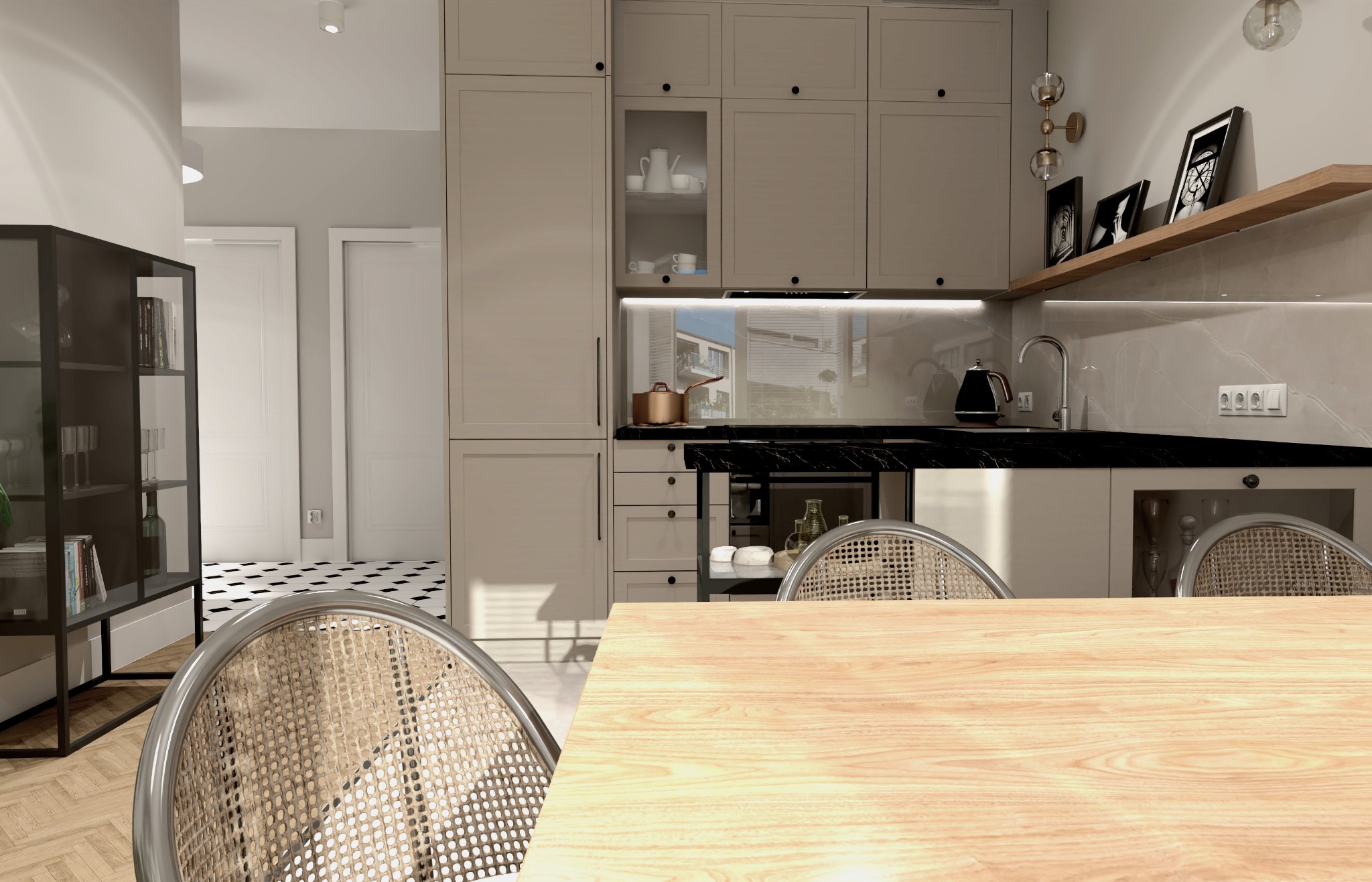 Wizualizacja kuchni i salonu w stylu paryskim: beżowe szafki kuchenne z czarnym blatem, drewniany stół z krzesłami z rattanowym oparciem, czarno-biała podłoga w salonie, dekoracje ścienne...