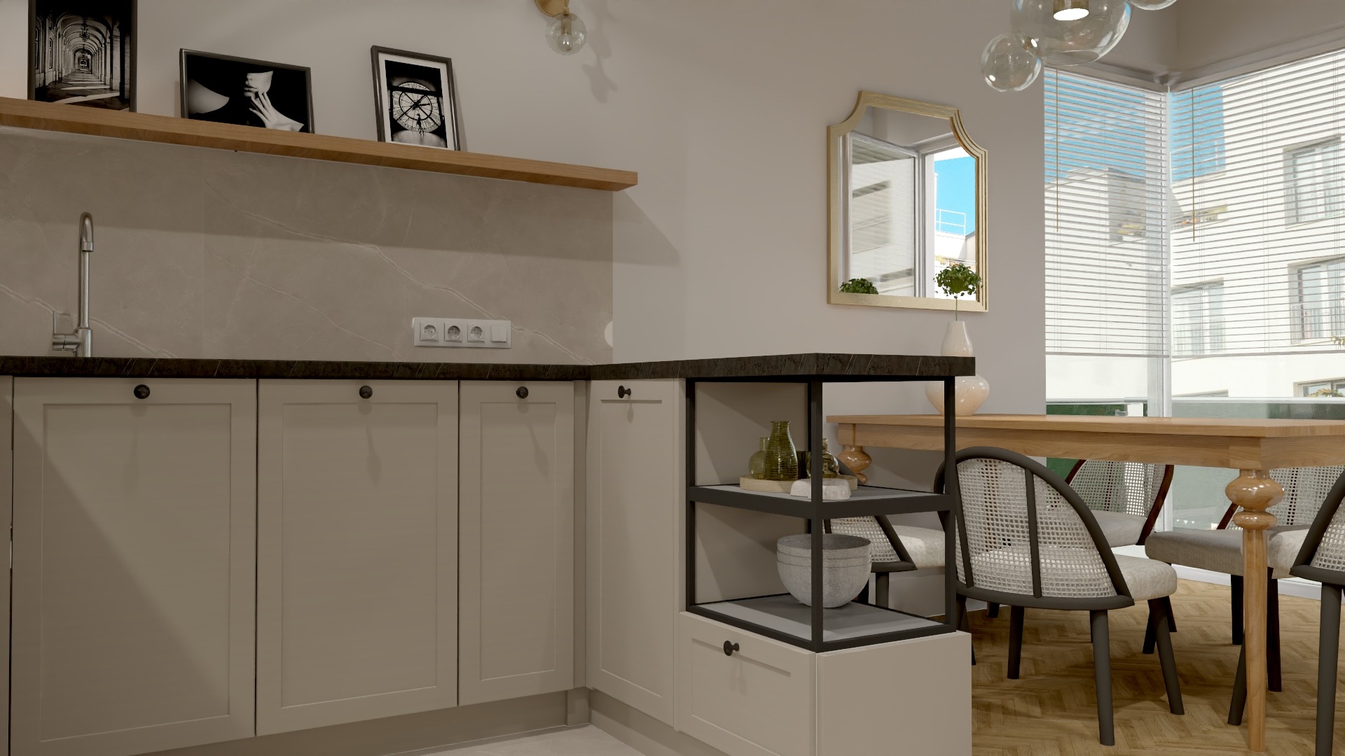 Wizualizacja kuchni i salonu: beżowe szafki kuchenne z czarnym blatem, półka z dekoracjami, stół z krzesłami w stylu wiedeńskim, lustro w złotej ramie i widok na budynek za oknem.