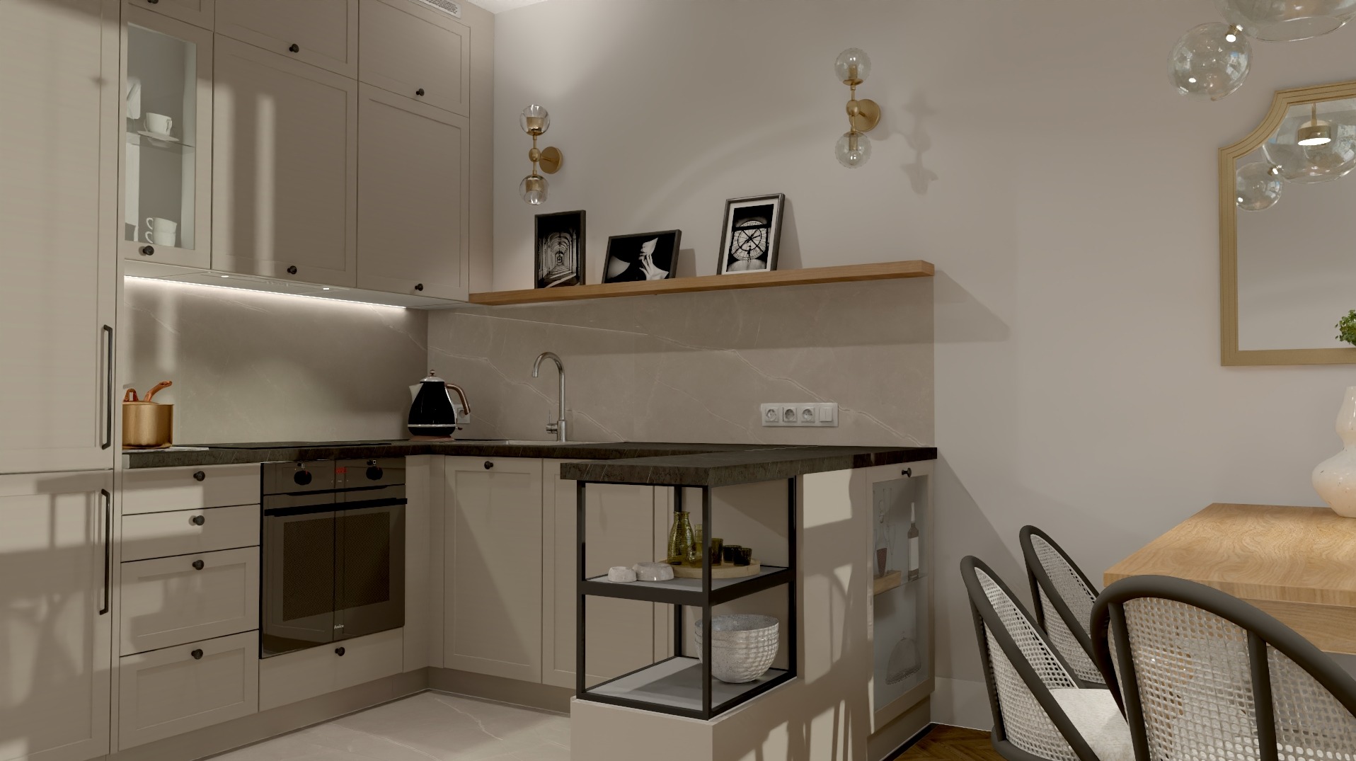 Wizualizacja kuchni z salonem w stylu paryskim: beżowe szafki kuchenne z czarnymi uchwytami, czarny piekarnik Amica, czajnik elektryczny, półka z dekoracjami, złote kinkiety i lustro w złotej ramie...