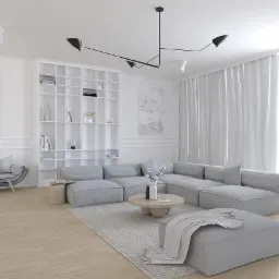 Jasne, minimalistyczne wnętrze salonu z modułową sofą w odcieniach szarości, okrągłym stolikiem kawowym, regałem z dekoracjami i designerską lampą sufitową.