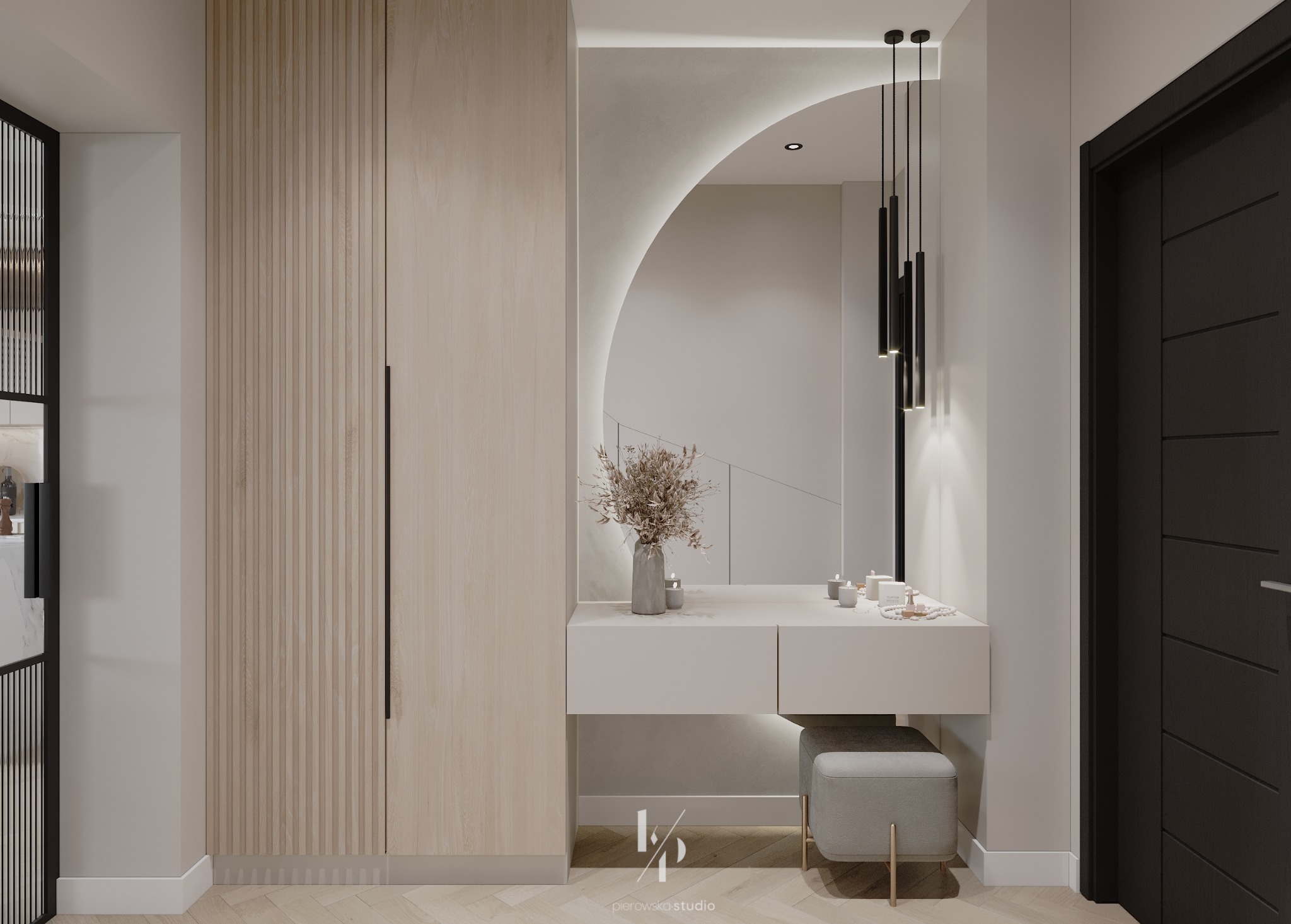 Nowoczesna toaletka z podświetlanym lustrem w kształcie łuku, minimalistyczne lampy wiszące, drewniana szafa z ryflowanymi frontami, szary taboret i parkiet w jodełkę.