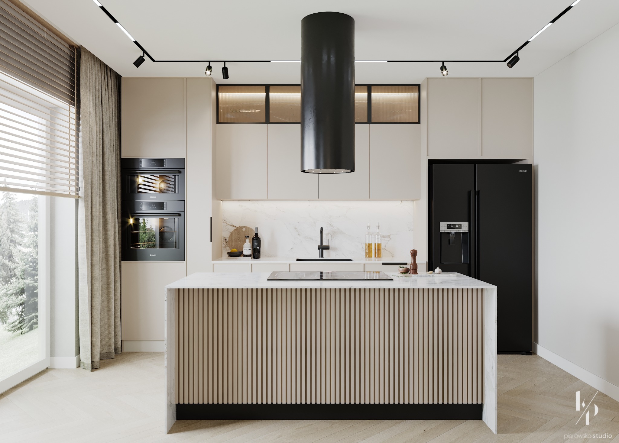 Nowoczesna kuchnia w neutralnych barwach z wyspą wykończoną drewnianymi lamelami, czarnym okapem cylindrycznym i sprzętem AGD marki Bosch.
