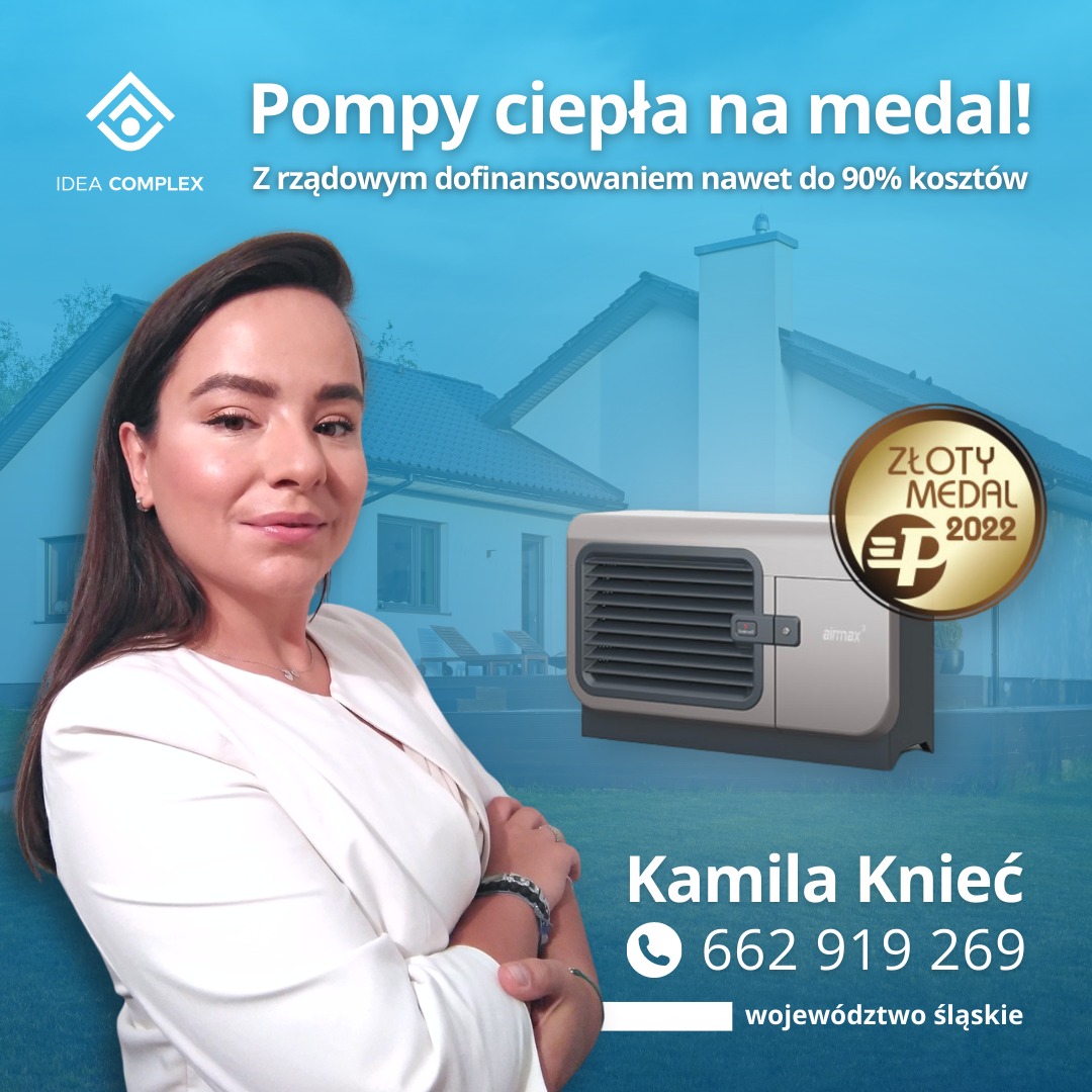 Portret kobiety na tle domu z urządzeniem grzewczym oznaczonym złotym medalem jakości 'EP 2022' i napisem 'Pompy ciepła na medal!', informacja o dofinansowaniu rządowym.