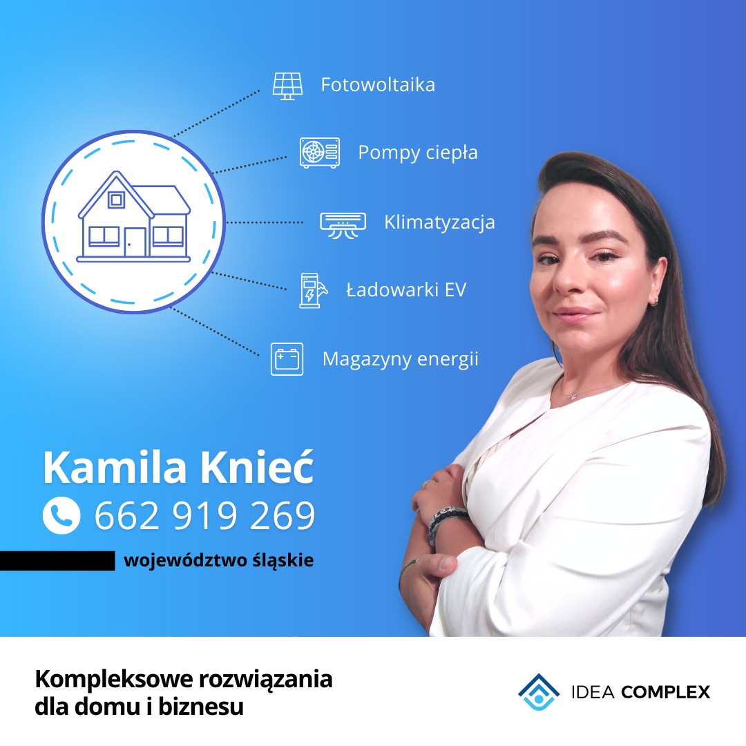 Grafika reklamowa firmy Idea Complex z województwa śląskiego, oferującej kompleksowe rozwiązania dla domu i biznesu, w tym fotowoltaikę, pompy ciepła, klimatyzację, ładowarki EV i magazyny energii.
