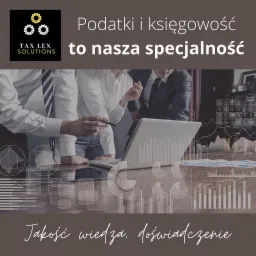 Zespół analizuje dane finansowe na laptopie, otoczony wykresami i sloganem 'Podatki i księgowość to nasza specjalność', podkreślającym jakość, wiedzę i doświadczenie firmy Tax Lex Solutions.