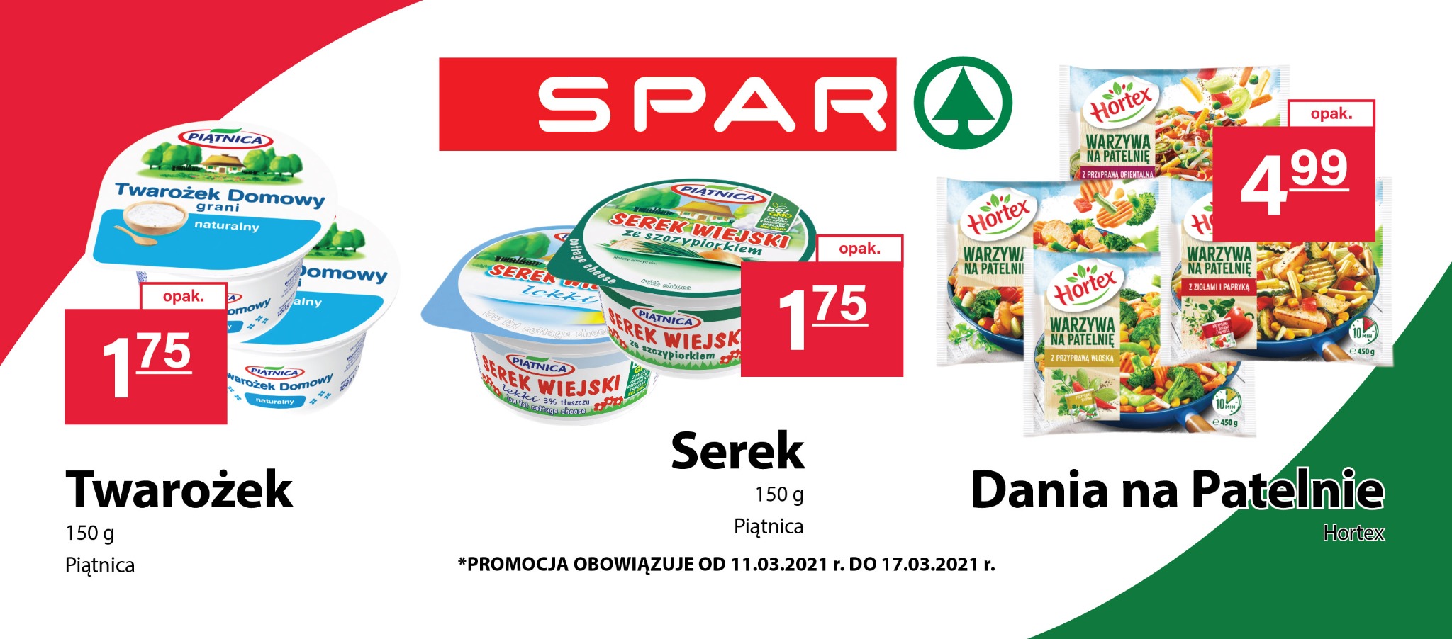 Promocja w sklepie Spar: Twarożek Domowy, Serek Wiejski i Warzywa na Patelnię Hortex, widoczne ceny i logo producentów Piątnica i Hortex.