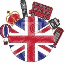 Ilustracja w stylu szkicu przedstawiająca symbole Wielkiej Brytanii: flaga Union Jack, Big Ben, czerwony autobus piętrowy, czarna taksówka, budka telefoniczna, korona i balon, ułożone w okręgu.