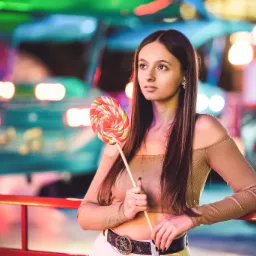 Młoda kobieta z lizakiem na tle rozmytych świateł wesołego miasteczka, opierająca się o czerwoną barierkę.