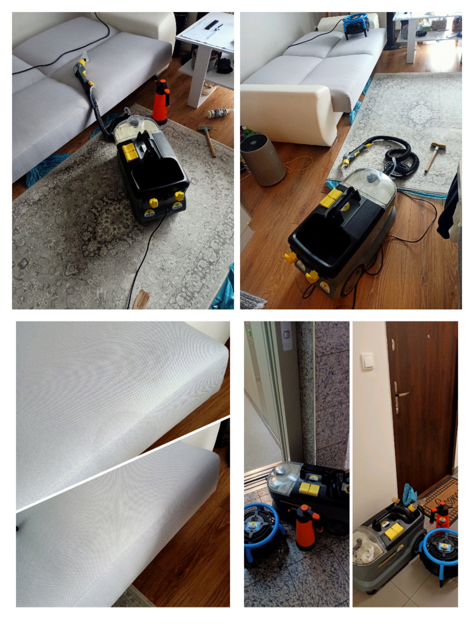 Czyszczenie sofy i dywanu za pomocą profesjonalnego odkurzacza piorącego z żółtymi akcentami, widoczny również rozpylacz ciśnieniowy oraz wentylator do osuszania