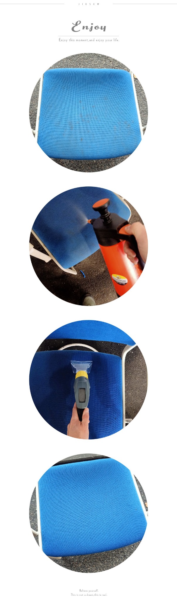 Czyszczenie niebieskiego krzesła tapicerowanego parowym odkurzaczem, widoczne etapy przed i po czyszczeniu.