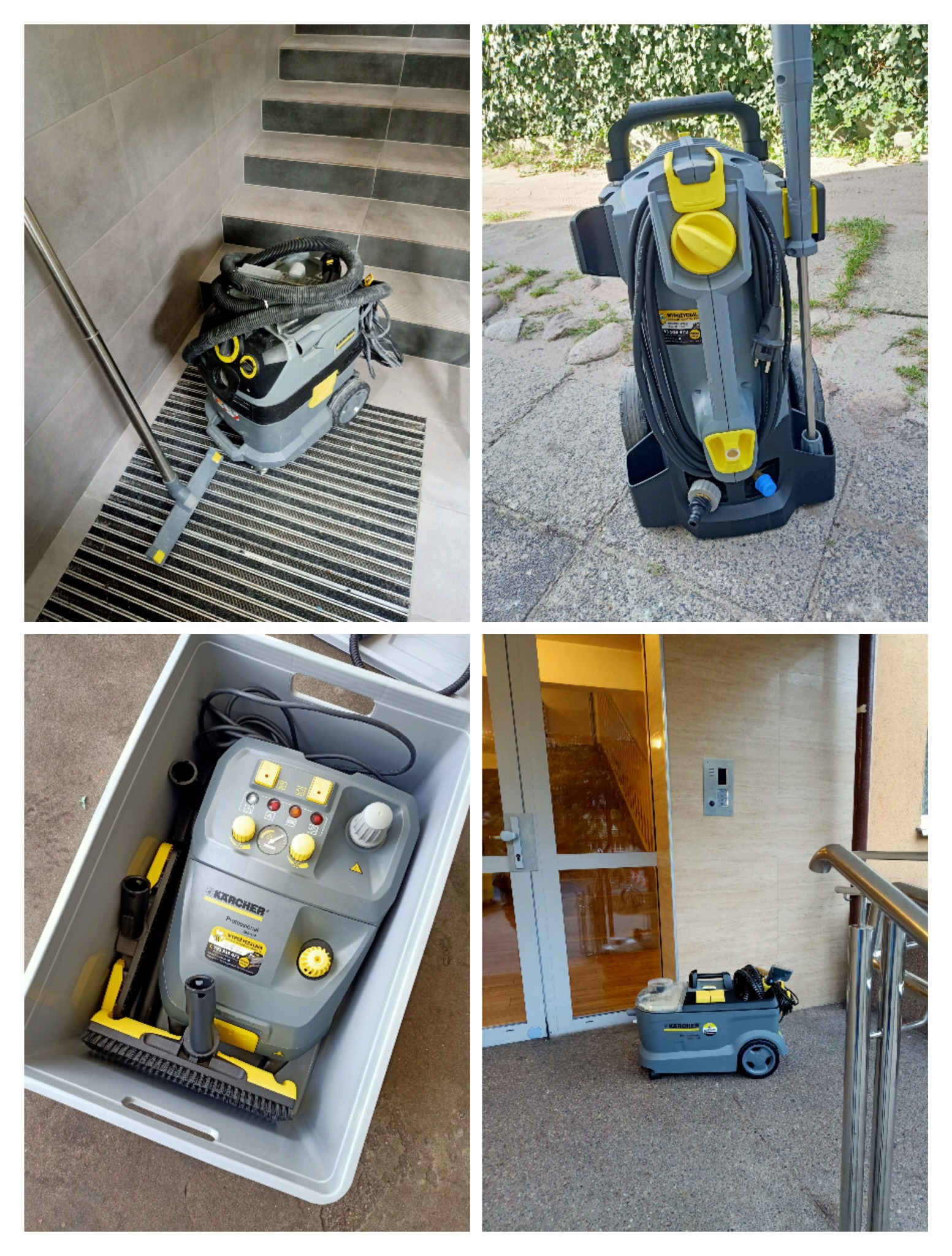 Zestawienie czterech ujęć szaro-żółtego odkurzacza piorącego Karcher Professional w różnych sceneriach: na schodach, na zewnątrz na chodniku, w plastikowym pojemniku z akcesoriami oraz przed...
