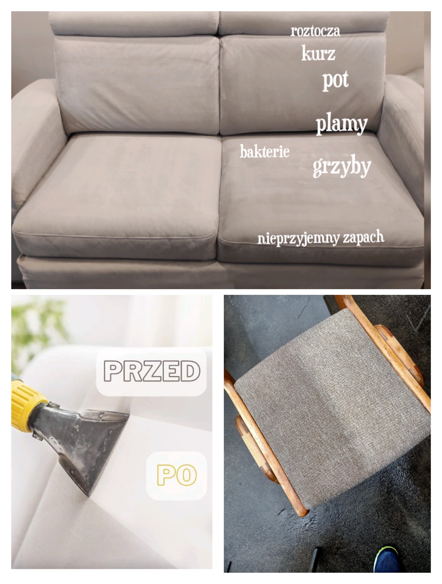 Sofa z widocznymi plamami i zabrudzeniami oraz informacją o roztoczach, kurzu, bakteriach i nieprzyjemnym zapachu, obok dysza czyszcząca z napisem PRZED i PO oraz krzesło po czyszczeniu.