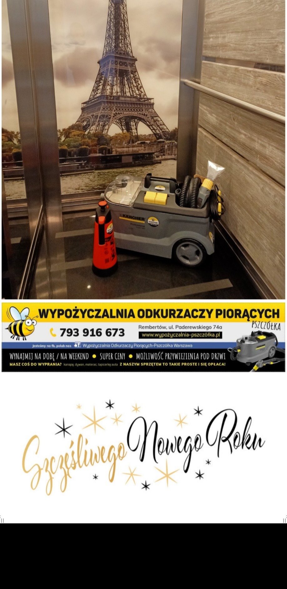 Profesjonalny odkurzacz piorący Karcher Puzzi 10/1 z lancą spryskującą, umieszczony w pomieszczeniu przypominającym windę, z dekoracyjną tapetą z wieżą Eiffla w tle.