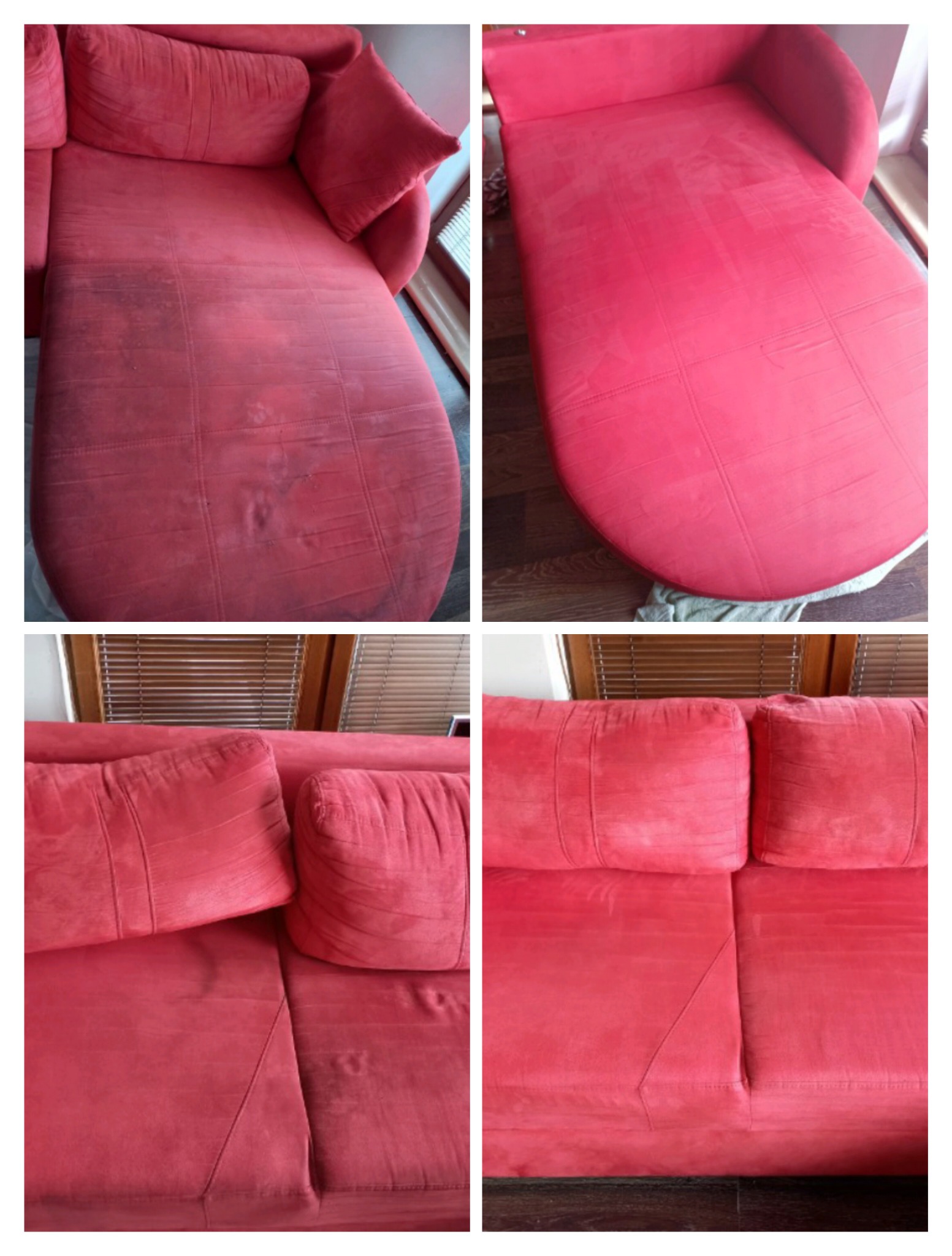 Czerwona sofa modułowa: po lewej stronie widoczne plamy i zabrudzenia, po prawej efekt czyszczenia, widoczne różnice w odcieniu i fakturze materiału po praniu.
