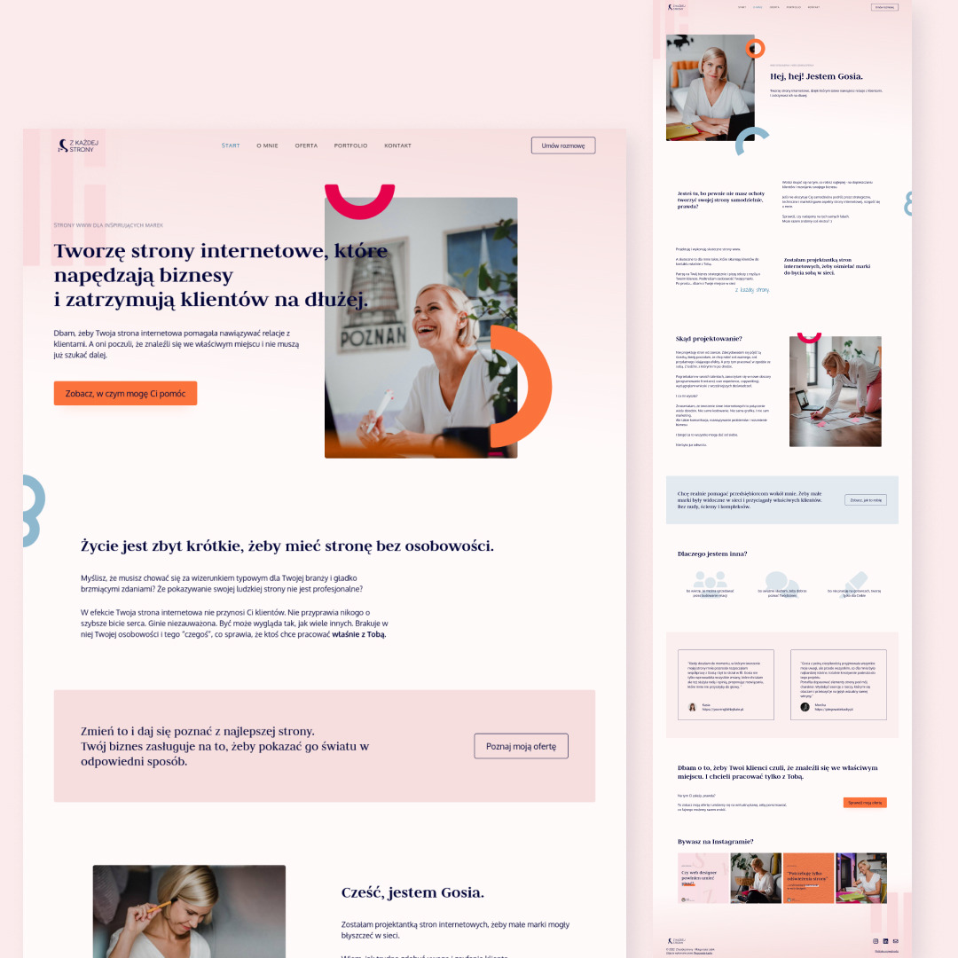 Projekt strony internetowej z wizerunkiem uśmiechniętej kobiety, widoczne nagłówki i bloki tekstowe, jasna kolorystyka, minimalistyczny design.