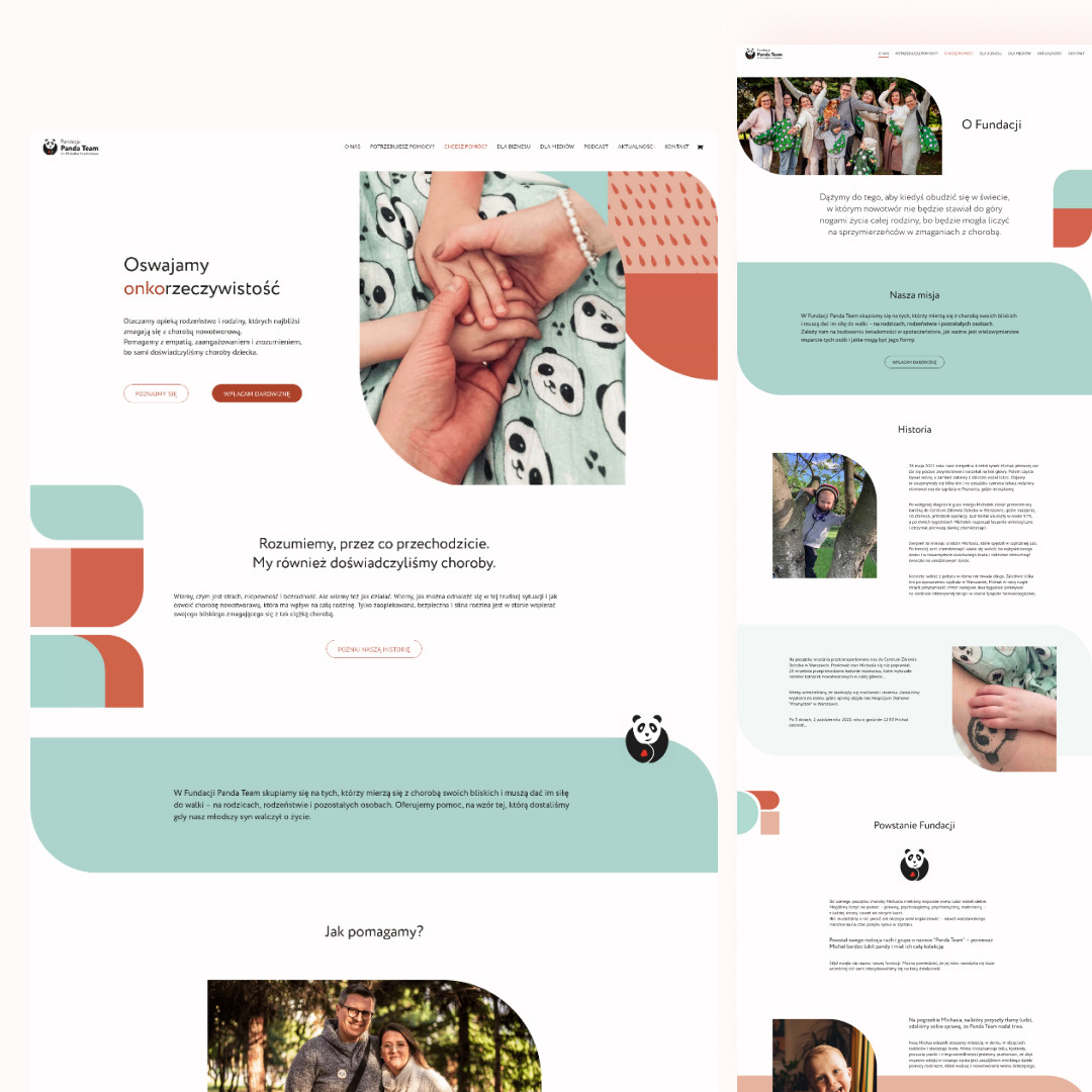 Strona internetowa fundacji Panda Team z motywem pand, prezentująca misję i historię organizacji, z uwzględnieniem sekcji o wsparciu rodzin dotkniętych chorobą nowotworową.