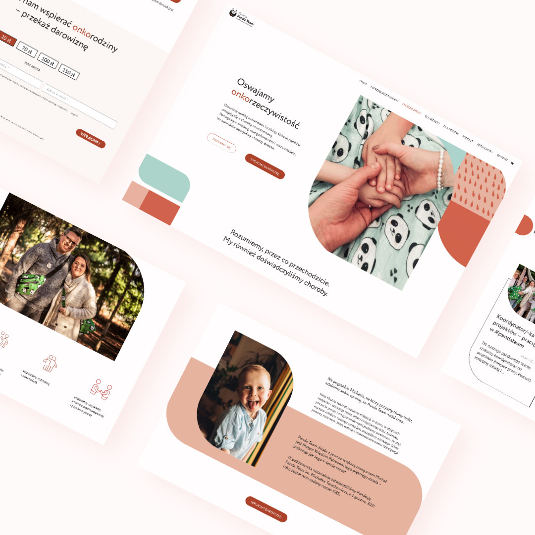 Projekt strony internetowej fundacji z Poznania, prezentujący informacje o wsparciu onkorodzin, z elementami graficznymi pand i zdjęciem dziecka.