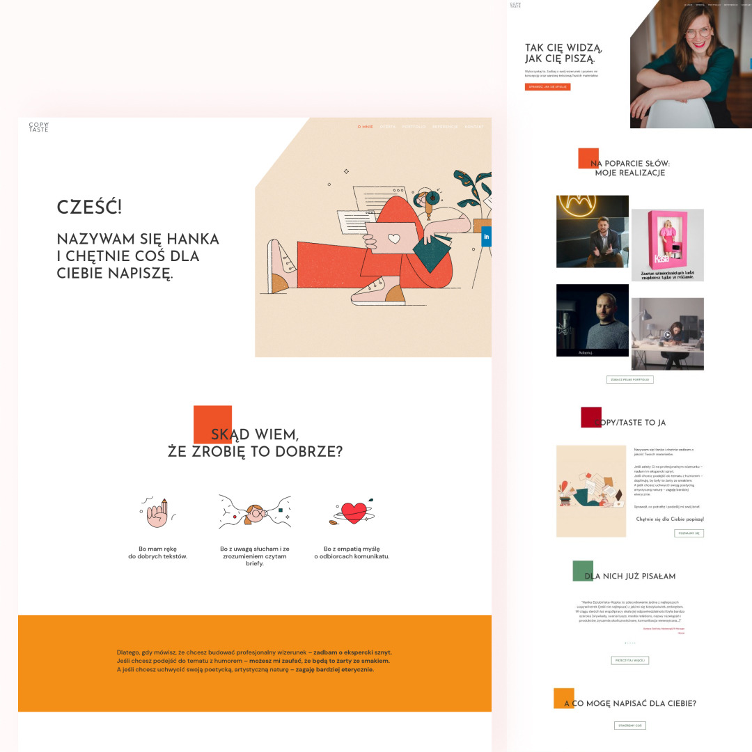 Strona internetowa copywritera Hanka z ilustracją osoby czytającej dokument, portfolio, referencje i oferta usług.