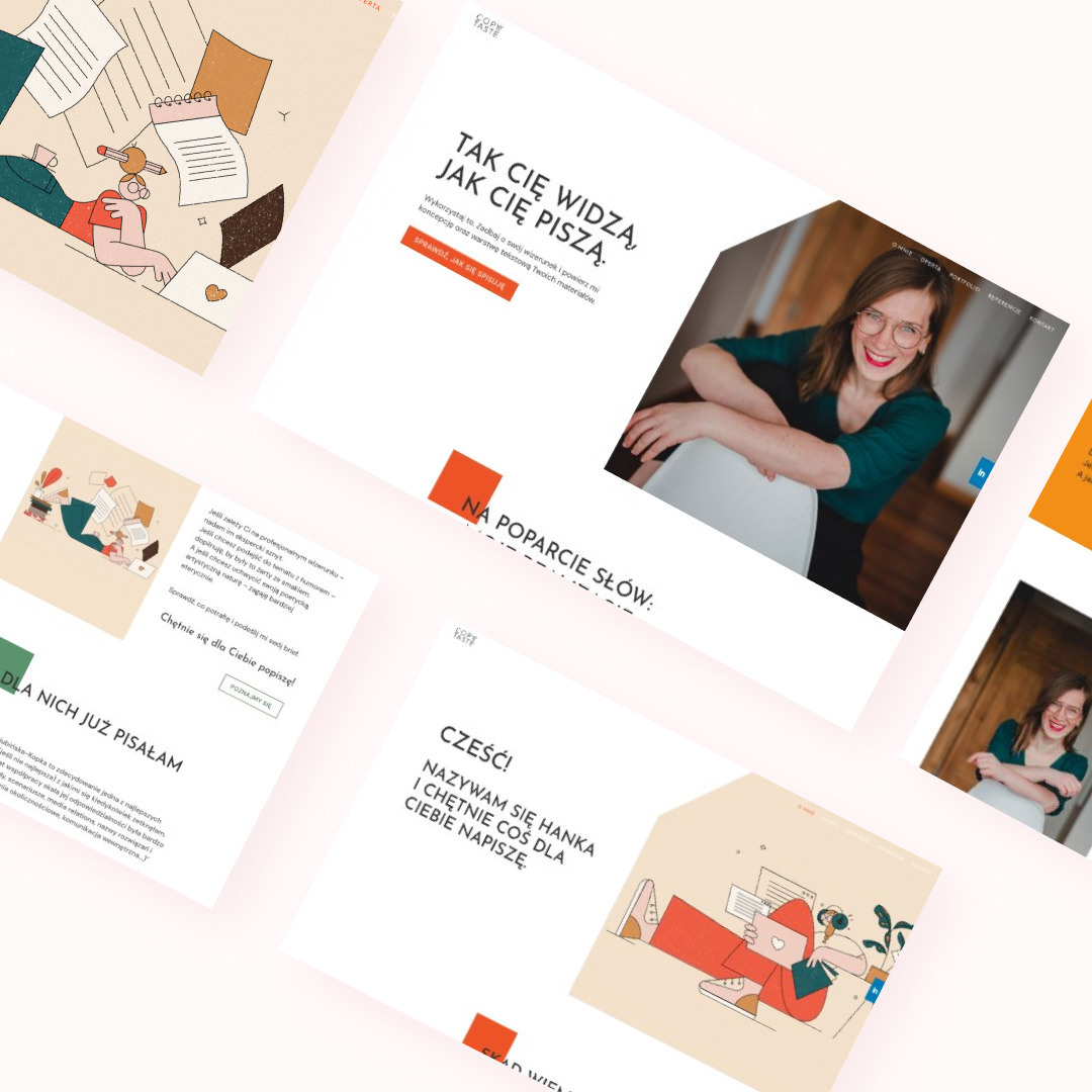 Fragmenty strony internetowej z ilustracjami i tekstem, w tym portret kobiety i hasła reklamowe związane z pisaniem tekstów.