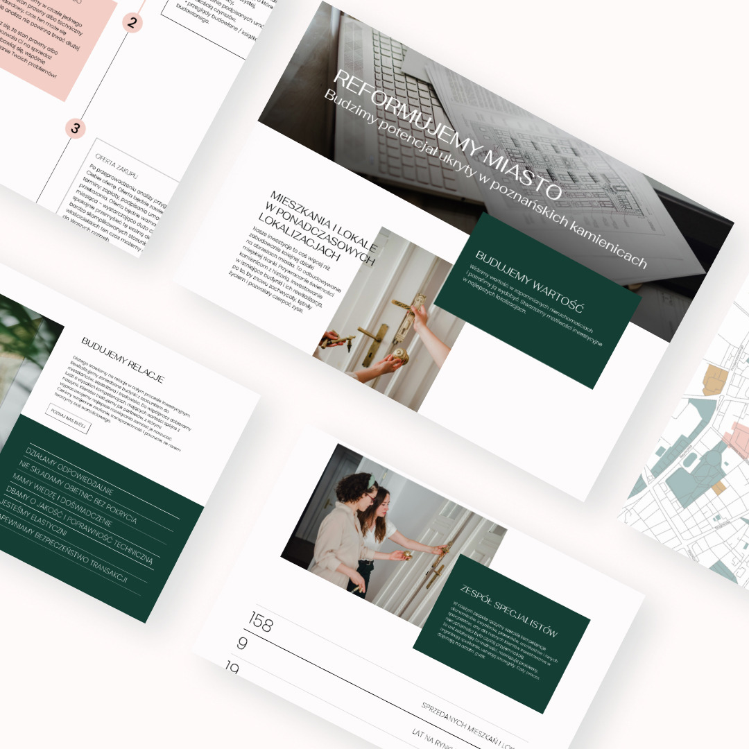 Makieta strony internetowej prezentująca ofertę firmy zajmującej się rewitalizacją kamienic w Poznaniu, z widocznymi elementami graficznymi, tekstem i zdjęciami prezentującymi budynki i zespół...