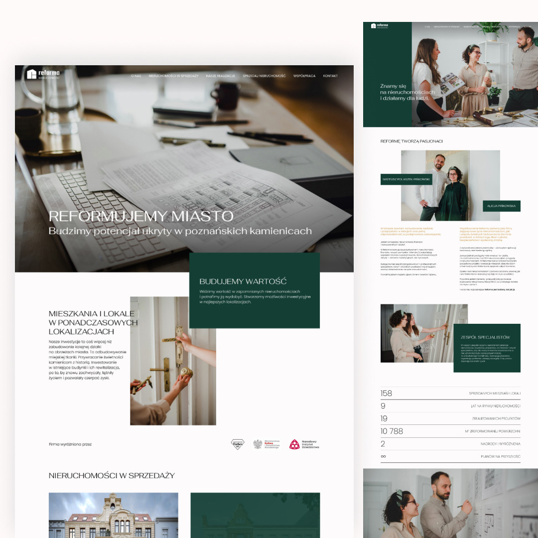 Strona internetowa firmy z branży nieruchomości, prezentująca wizualizacje architektoniczne nałożone na mapę miasta, z widocznym laptopem i dokumentami na biurku.