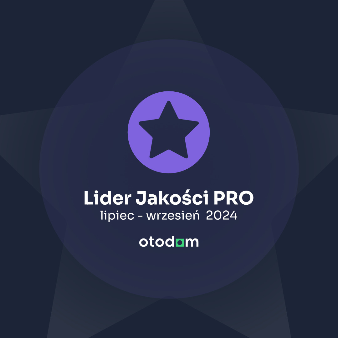 Logo 'Lider Jakości PRO' od Otodom, obejmujące okres lipiec-wrzesień 2024, z fioletową gwiazdą na ciemnogranatowym tle z gradientem.