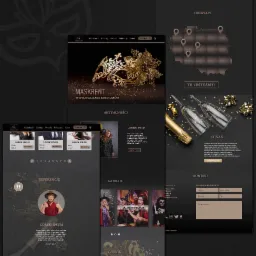 Projekt strony internetowej wypożyczalni kostiumów, z widocznymi sekcjami aktualności, katalogu, referencji i kontaktu, utrzymana w ciemnej kolorystyce z elementami złota.