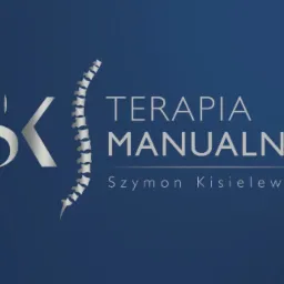 Logo firmy 'Terapia Manualna Szymon Kisielewski' z motywem kręgosłupa, srebrne litery SK na granatowym tle.