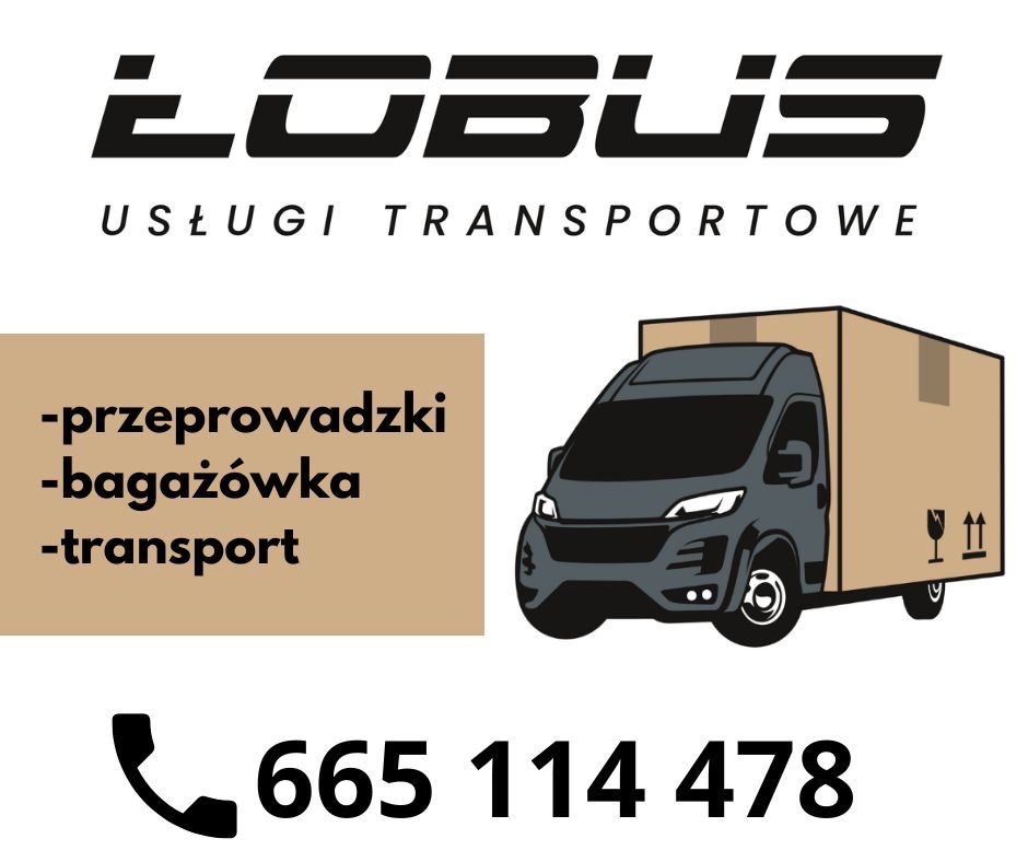 Logo firmy transportowej ŁOBUS z ofertą przeprowadzek, bagażówki i transportu, ilustracja szarego busa dostawczego z kartonem na pace i numerem telefonu 665 114 478.