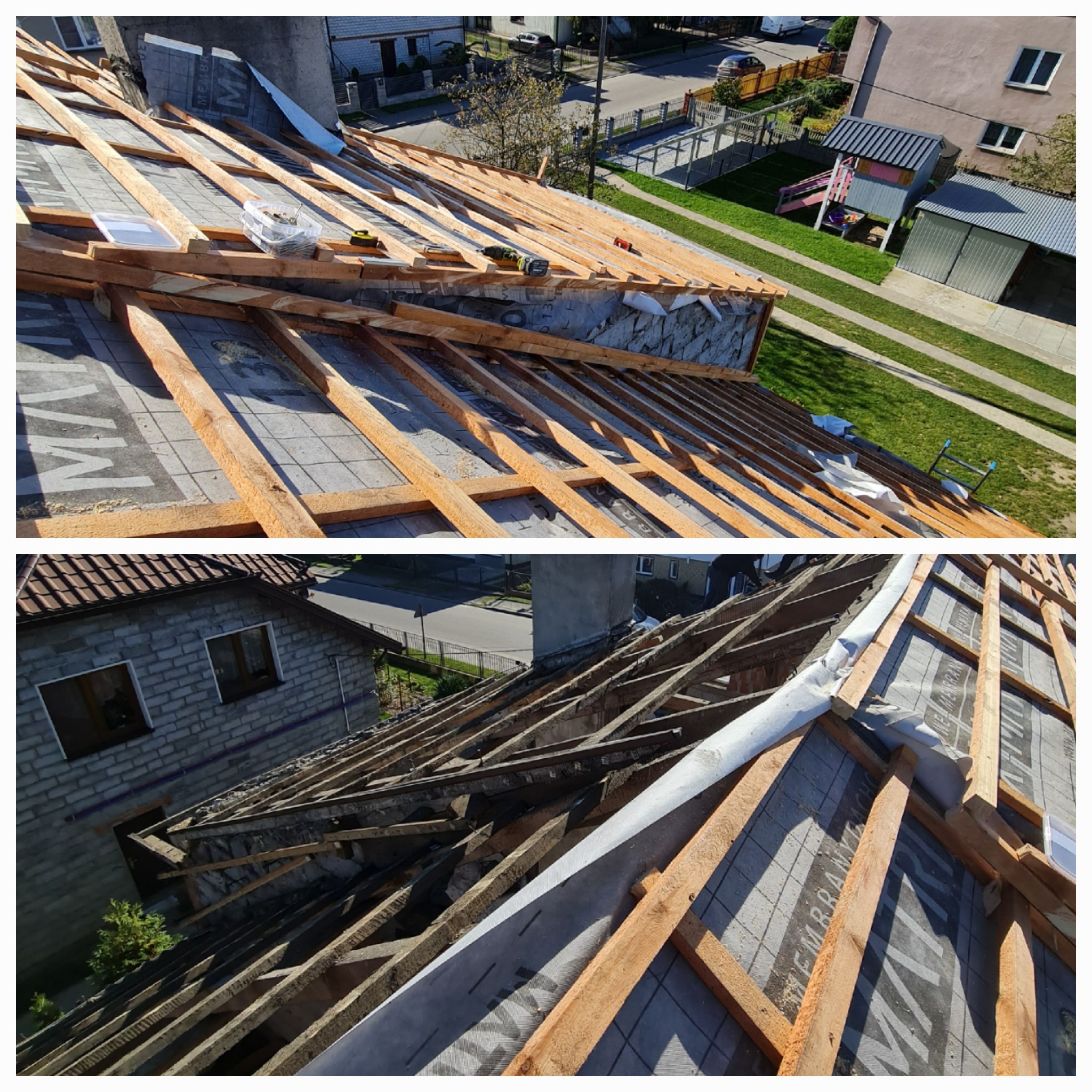 Dwuczęściowe ujęcie dachu: górna połowa ukazuje konstrukcję z nowymi drewnianymi belkami na membranie, narzędzia leżące na belkach, a w tle zabudowania; dolna połowa przedstawia starą, zniszczoną...