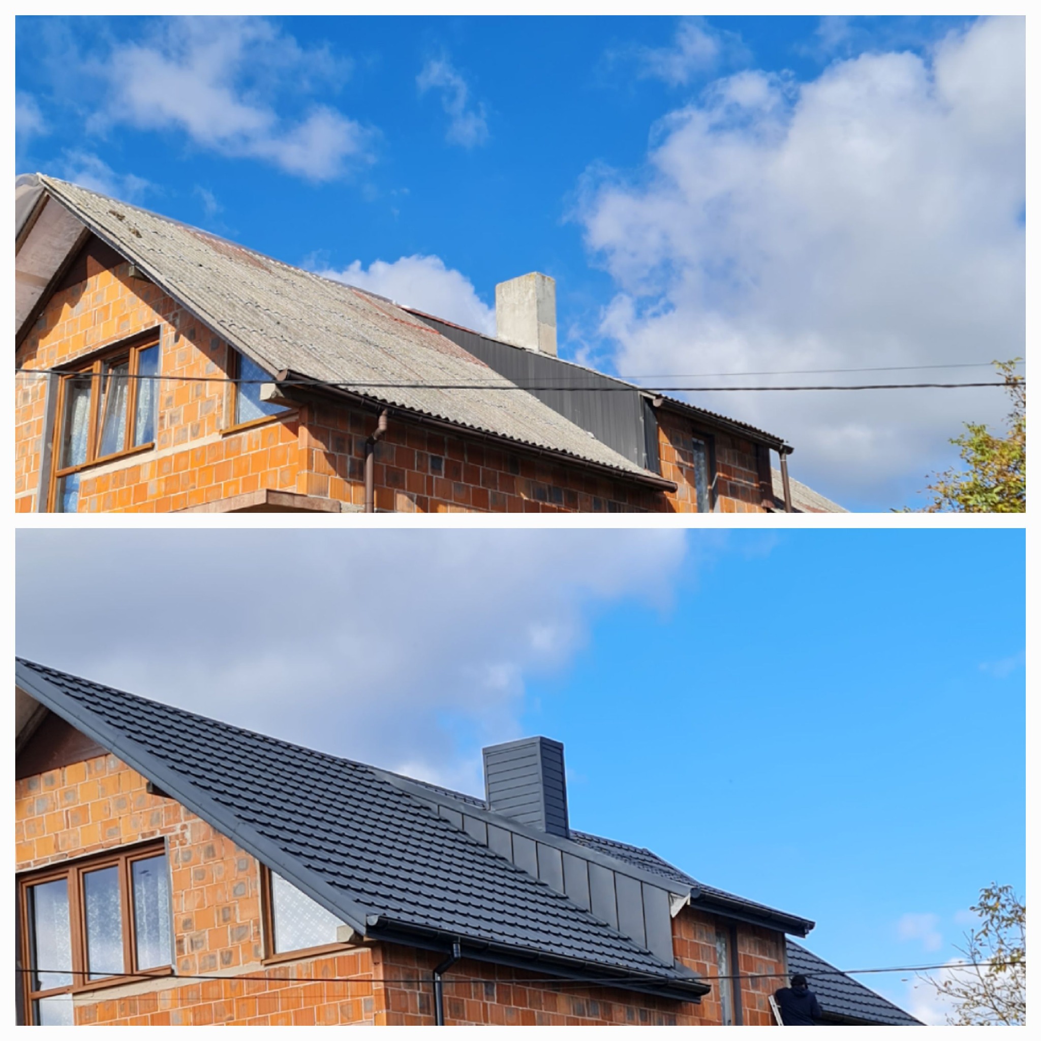 Porównanie dachu przed i po renowacji: od szarego, falistego pokrycia do nowej, czarnej dachówki ceramicznej. Widoczna ceglana ściana budynku i błękitne niebo.