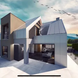 Wizualizacja nowoczesnego domu jednorodzinnego z płaskim dachem, dużymi przeszkleniami i minimalistycznym oświetleniem zewnętrznym, otoczonego zielenią, z motywem motyli na trawniku i ptaków...