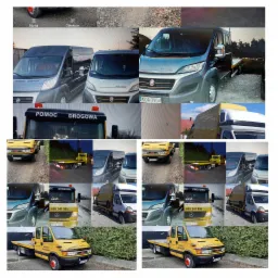 Mozaika zdjęć różnych pojazdów: czarny bus z platformą, biały bus oraz żółta laweta z napisem 'Pomoc Drogowa'.