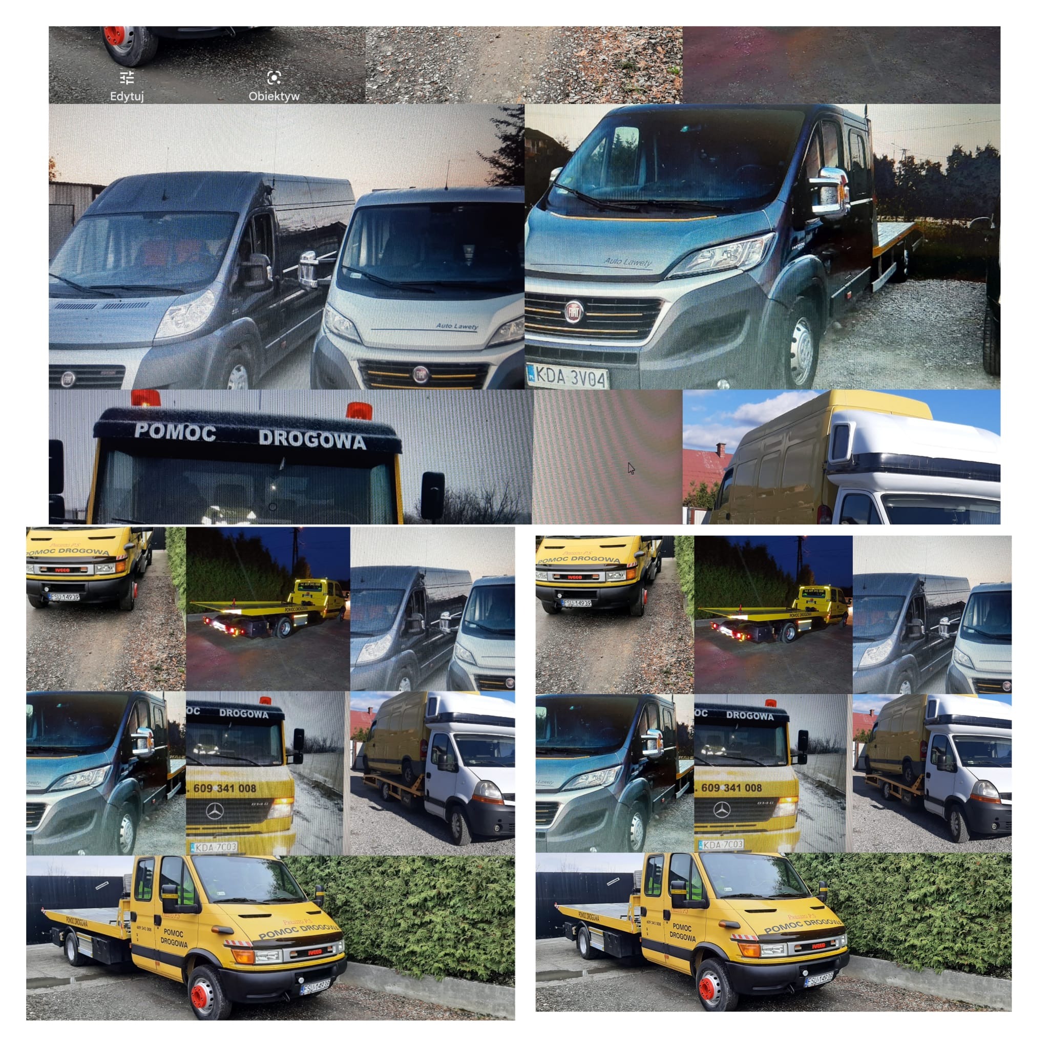 Mozaika zdjęć różnych pojazdów: czarny bus z platformą, biały bus oraz żółta laweta z napisem 'Pomoc Drogowa'.