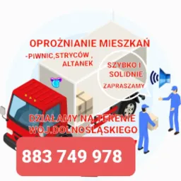 Grafika reklamowa przedstawiająca ciężarówkę z napisem 'Opróżnianie mieszkań, piwnic, strychów, altanek' oraz numerem telefonu, z hasłem 'Szybko i solidnie, Zapraszamy', skierowana do klientów...