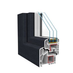 VIDOKOVO Robert Kania - Przekrój poprzeczny okna z trzema szybami, prezentujący strukturę ramy w odcieniach szarości i wewnętrzne detale konstrukcyjne, w tym uszczelki i komory powietrzne.