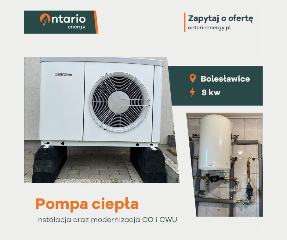 Grafika reklamowa przedstawiająca białą pompę ciepła Stiebel Eltron stojącą na czarnych gumowych podkładkach, obok widoczny biały bojler z instalacją CO i CWU, a także logo firmy Ontario Energy...
