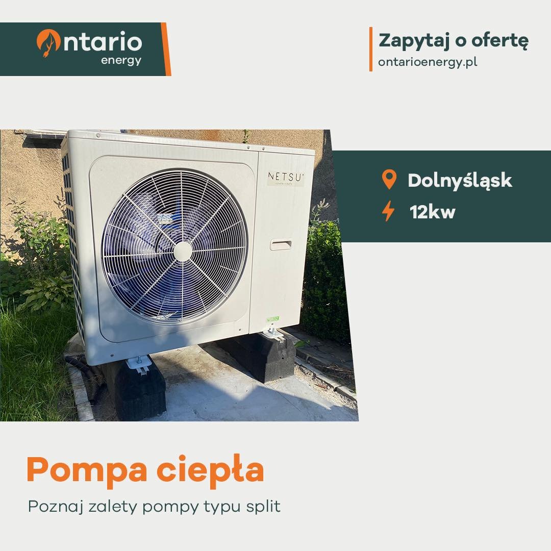 Zewnętrzna jednostka pompy ciepła NETSU o mocy 12kW, zamontowana na betonowych blokach przy ścianie budynku z widoczną zielenią.