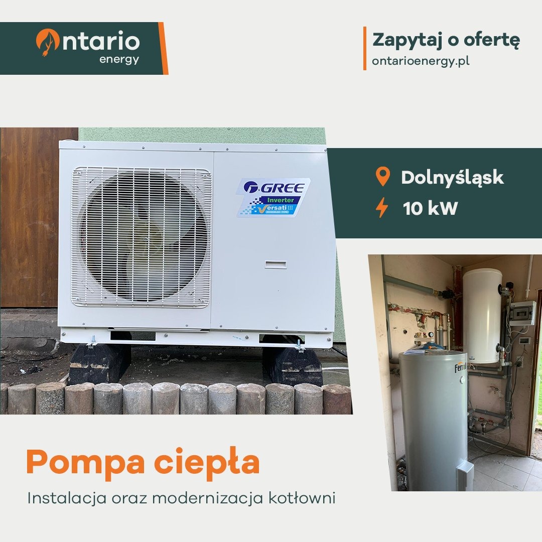 Zewnętrzna jednostka pompy ciepła Gree Versati III na betonowych podstawach, obok widoczny fragment kotłowni z zasobnikiem ciepłej wody i rurami.