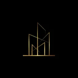 Abstrakcyjne, złote linie tworzące geometryczny kształt budynku na czarnym tle.