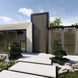 BIURO PROJEKTOWE Sylwia Sikora - Wizualizacja nowoczesnego domu z numerem 24, z elementami dekoracyjnymi w postaci ażurowych paneli, kamiennego ogrodu i minimalistycznego chodnika.