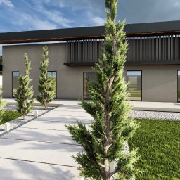 BIURO PROJEKTOWE Sylwia Sikora - Elewacja nowoczesnego domu z numerem 24 na bramie, minimalistycznym designem, szarą fasadą, czarnymi ramami okiennymi i elementami drewnianymi, otoczona ozdobnymi drzewkami i trawnikiem.